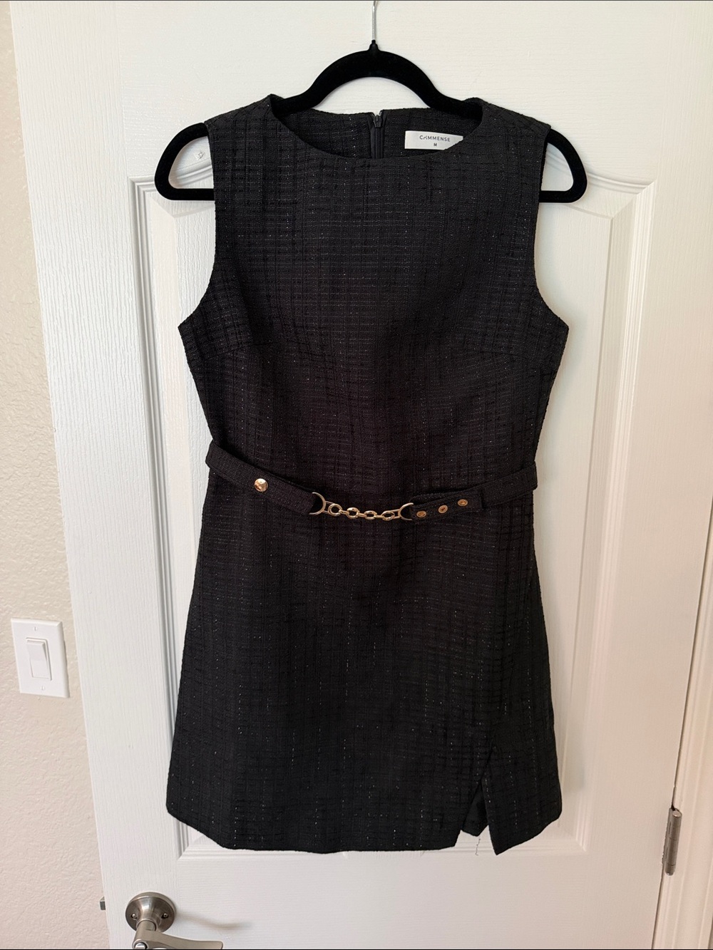 NWOT Commense M Classic Sleeveless Black Shift Tweed Dress with Belt